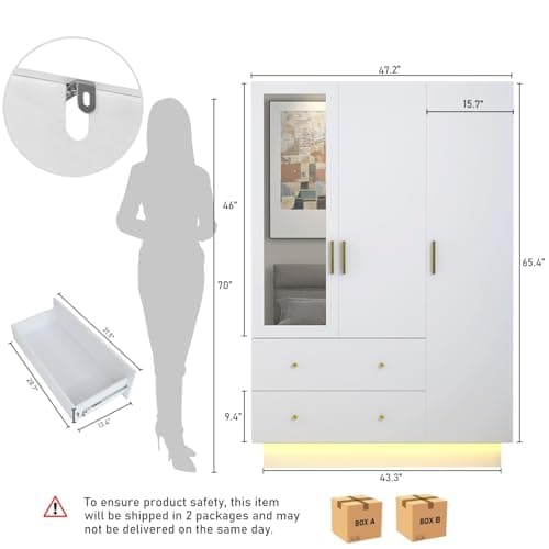 Modern White 3 Door Wardrobe with Mirror & LED Lights, Bedroom Armoire Drawers & Shelves