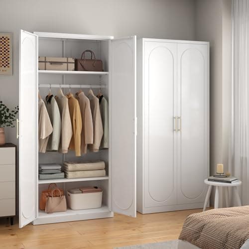 White Metal Armoire Wardrobe 71" Tall with Shelves and Rod
