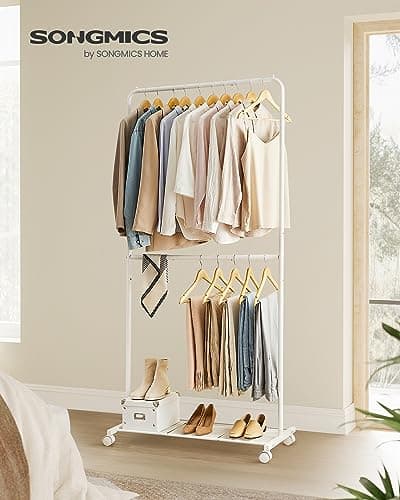SONGMICS Rolling Double-Rod Clothes Rack, 110 lb Capacity, White