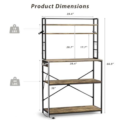 YESHOMY Heavy Duty 5-Tier Baker’s Rack with Power Outlet & Hooks, Spices Storage Shelf, Rustic Brown