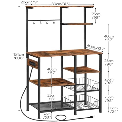 HOOBRO 6-Tier Bakers Rack with Power Outlet & LED Light, Rustic Brown & Black BF64UDHB01