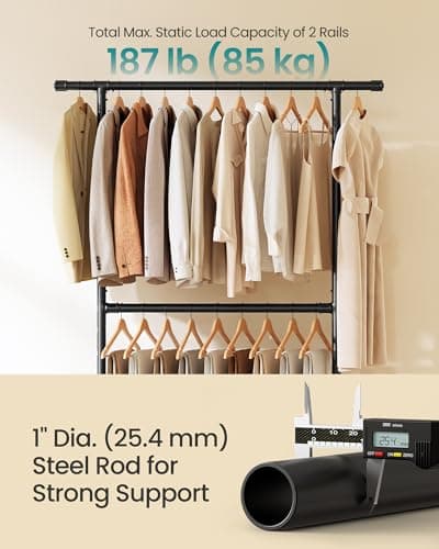 SONGMICS Heavy-Duty Double-Rod Clothes Rack with Casters, Black Adjustable Metal Frame UHSR62BK
