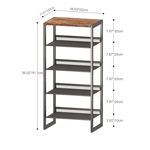 Slim 5-Tier Shoe Rack with Wood Top & Steel Mesh, 16.5x11.8x36 Inches for Entryway/Closet/Dorm