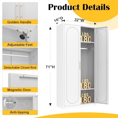 White Metal Armoire Wardrobe 71" Tall with Shelves and Rod