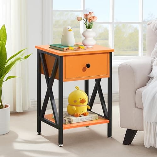 VECELO Modern Bedside Table with Drawer & Shelf, Industrial Metal Frame