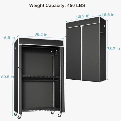 P1C Rolling Metal Closet Rack with Cover, Black, 450LB Load Capacity