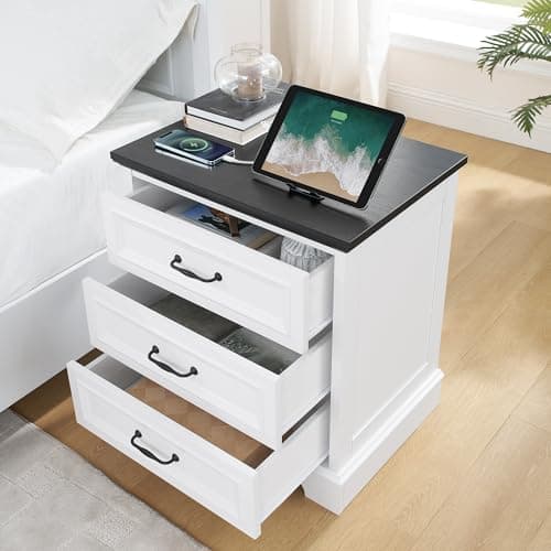 Alohappy Farmhouse Nightstand Set of 2, Wood Nightstand with 3 Drawers and Charging Station
