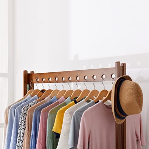 Portable Bamboo Clothing Rack with Double Layer Storage and Hooks (27.6L x 13W x 65.4H)