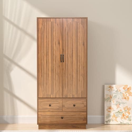 Mid-Century Modern Walnut Armoire Wardrobe with 3 Drawers and Hanging Rod