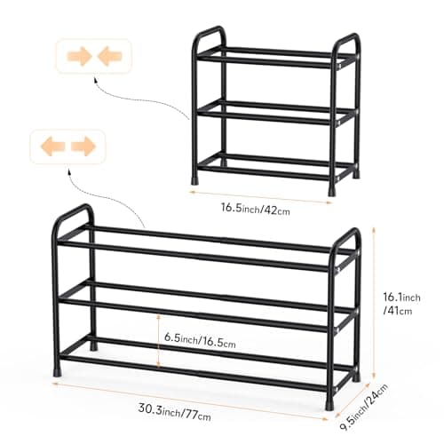 Black 3-Tier Expandable Shoe Rack, Closet and Entryway Storage