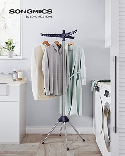 SONGMICS 59-Inch Folding Laundry Rack, 3 Rotatable Arms, Stainless Steel, Blue Silver, for 27 Clothes ULLR510Q01