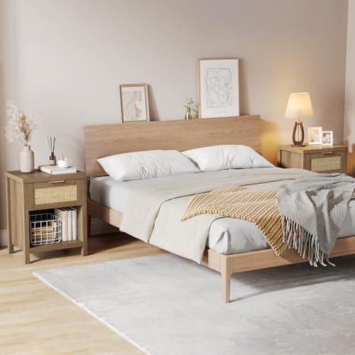 Caramel Oak Boho Rattan Nightstand Set with Drawer & Storage Shelf
