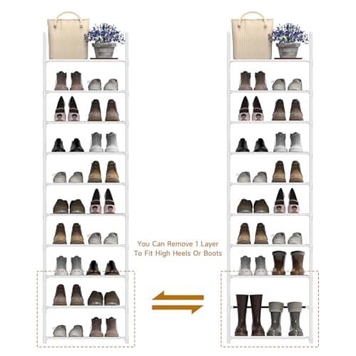 Barsone 10-Tier Shoe Organizer, Space-saving White Stand for Closets and Hallways