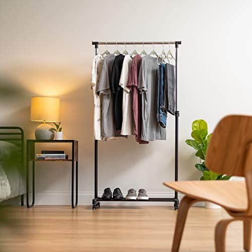 IRIS USA Portable Clothes Rack, Height Adjustable with Lockable Wheels, Single Rod Wardrobe