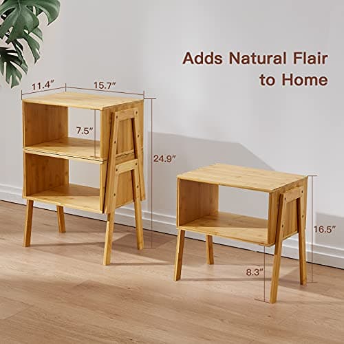 Bamboo Stackable End Tables, Pipishell Living Room Nightstand Set of 2