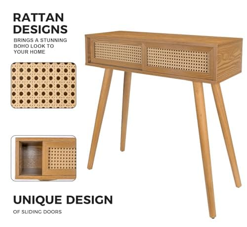 Narrow Boho Console Table, 31" Rattan Entryway Vanity