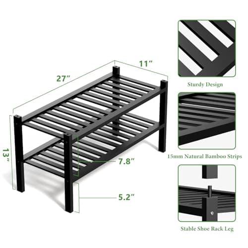 Black 2 Tier Bamboo Closet Shoe Rack Storage Organizer