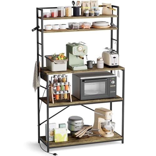 YESHOMY Heavy Duty 5-Tier Baker’s Rack with Power Outlet & Hooks, Spices Storage Shelf, Rustic Brown