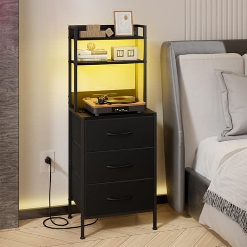 Fixwal 41 Inch Black Tall Nightstand with Charging Station & LED Light