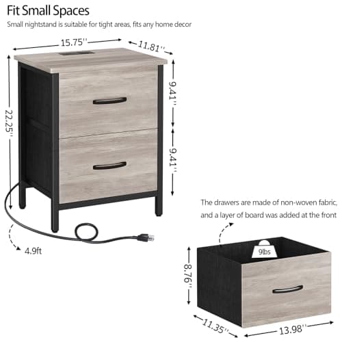 Vagusicc Greige Nightstand Set of 2 with Charging Station