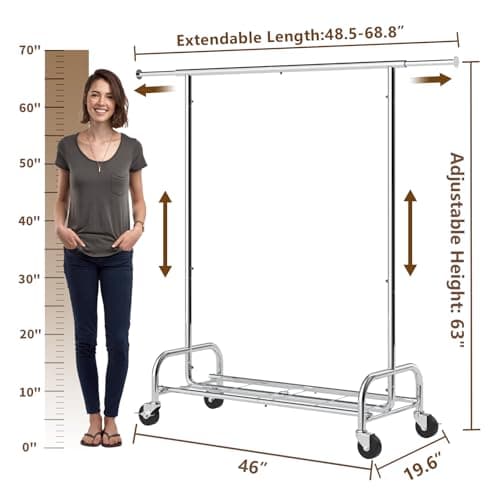 Sturdy 450 LBS Standing Rollable Clothes Rack, Silver Metal Closet Wardrobe