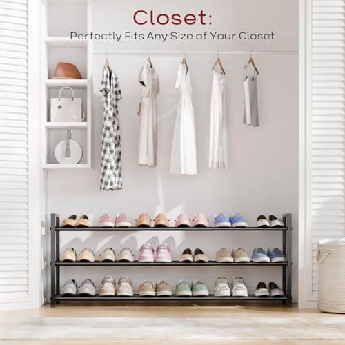 Sturdy Bumusty 3-Tier Expandable Shoe Rack, 15-18 Pair Organizer, 18"-44" Adjustment, Black