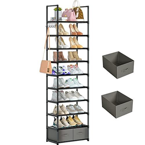 Narrow 10-Tier Shoe Rack, Sturdy Metal Stand, 20-25 Pair Storage for Closet