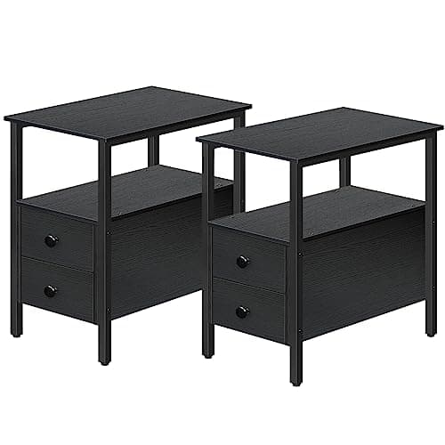 HOOBRO Narrow End Table Set, Drawers for Small Spaces, Rustic Brown & Black BF54BG201G2