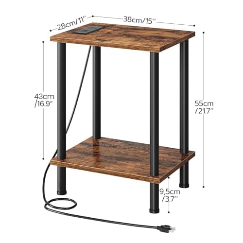 HOOBRO Set of 2 Side Tables with Charging Station and Storage Shelves for Small Spaces - Rustic Brown