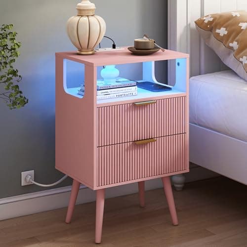 Modern Black Nightstand with Charging and LED Lights, 2 Drawers and Shelf