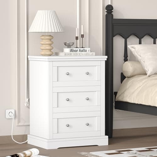 Rovaurx Large White Farmhouse Nightstand with 3 Drawers and Charging Station
