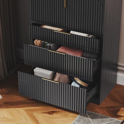 71.7" Black Freestanding Wooden Wardrobe Armoire with 2 Doors 3 Drawers