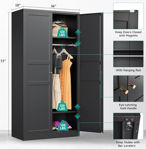 SISESOL Black Metal Wardrobe Closet with Adjustable Shelves