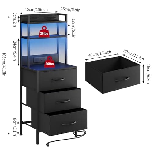 Fixwal 41 Inch Black Tall Nightstand with Charging Station & LED Light