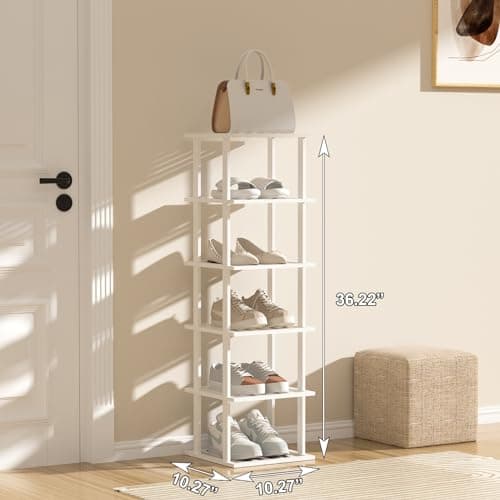 Slim White Bamboo 6-Tier Shoe Rack for Small Spaces Closet Storage