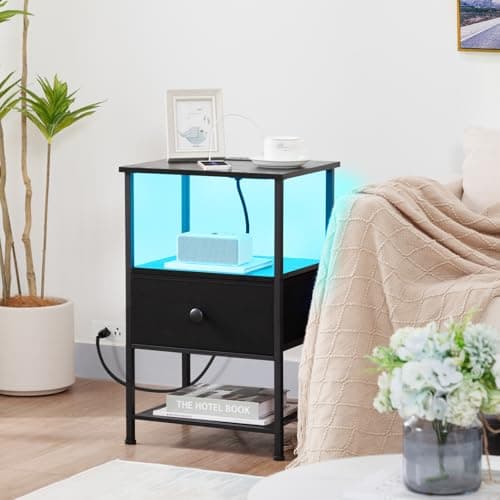 HETS01BK LED Nightstand with Charging Station & Fabric Drawer