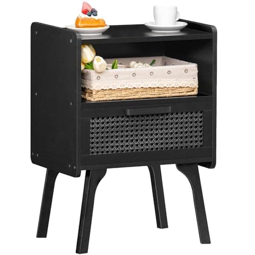 Lerliuo Natural Boho Rattan Nightstands Set of 2 with Drawer & Shelf for Bedroom Small Spaces