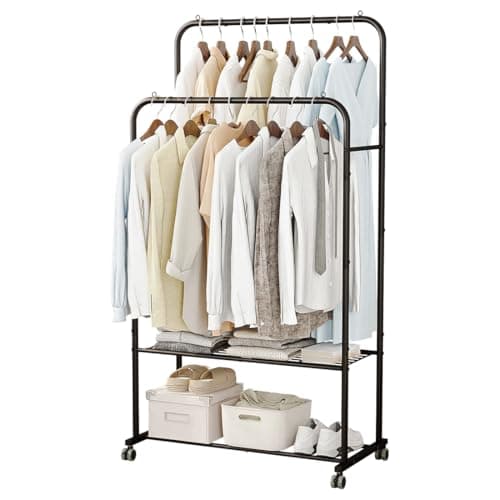 Black Heavy Duty Portable Garment Rack with Metal Shelf for Hanging Coats and Shirts