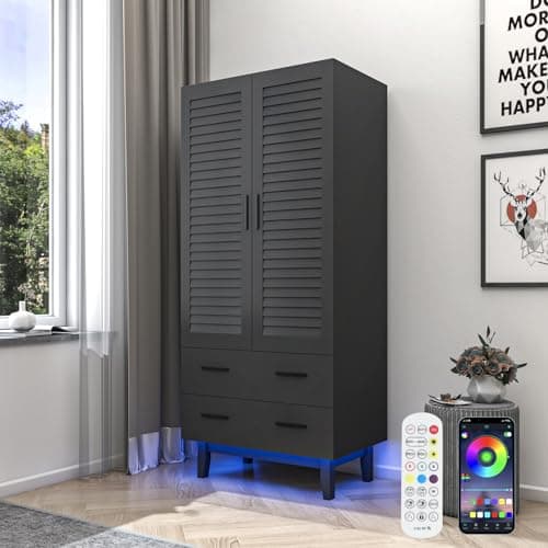 Black 2 Door Armoire Wardrobe with Drawers & LED Lights