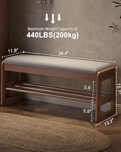 Walnut Wood 2-Tier Shoe Bench with Flip-Top Storage for Entryway