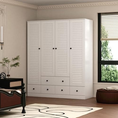 MOUMON 4-Shelf Armoire Wardrobe with 2 Rods, White (59" W x 19" D x 70.9" H)
