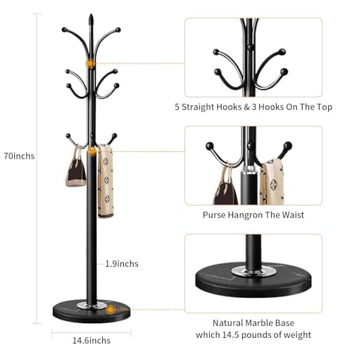 Black Freestanding Metal Coat Rack with 12 Hooks and Natural Marble Base
