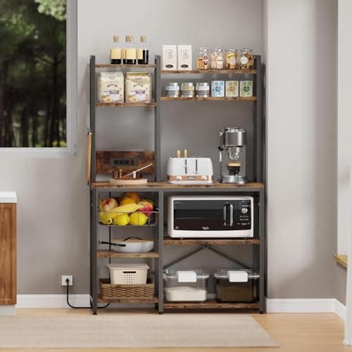 Rustic Brown Standing Baker’s Rack with Power Outlet & 6-Tier Stand