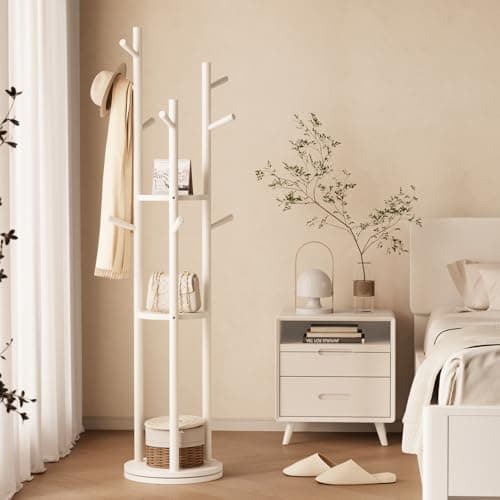 KungFuWood KASLANDI Solid Wood Coat Rack, 3 Shelves 9 Hooks, White