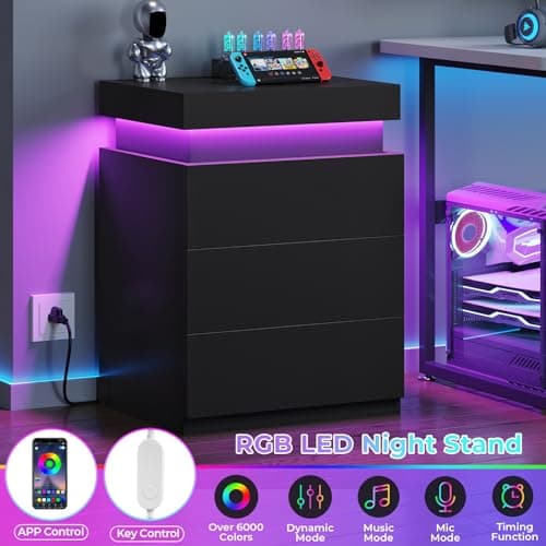 Modern Black Nightstand Set with Charging Station & Drawers
