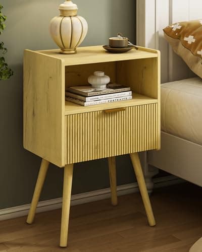 Black Modern Nightstand with Outlet and Storage, Solid Wood Legs, Easy Assembly