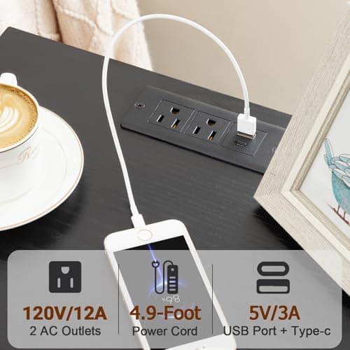 HETS01BK LED Nightstand with Charging Station & Fabric Drawer