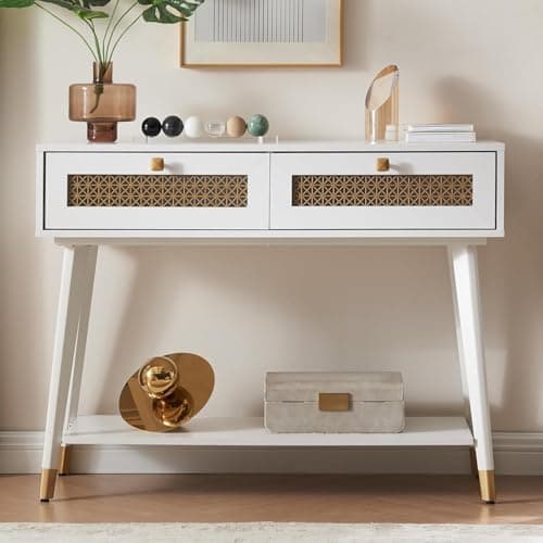 Rustic Oak Narrow Sofa Table with Drawers & Shelf, Modern Living Room Console