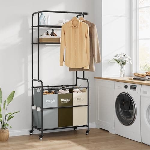 Gewudraw 3-Section Laundry Hamper Cart with Hanging Rack & 2-Tier Shelf