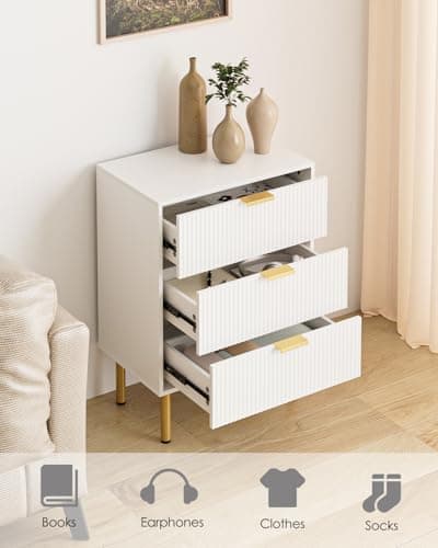 Modern White Nightstand with 3 Drawers & Gold Frame